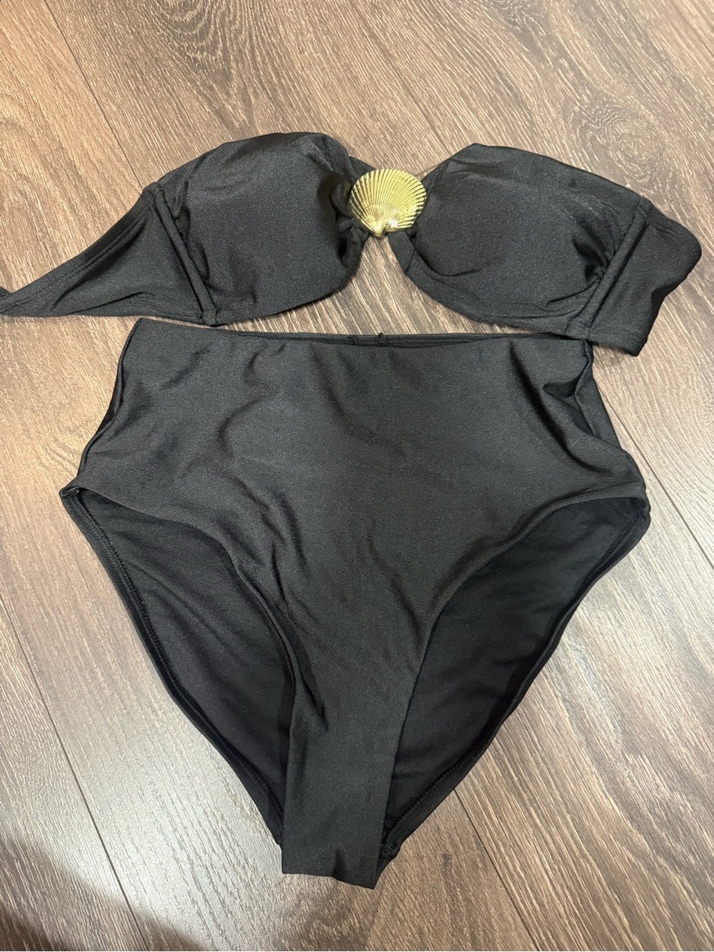 Black High-Waist Kids One-Piece with Gold Shell Accent